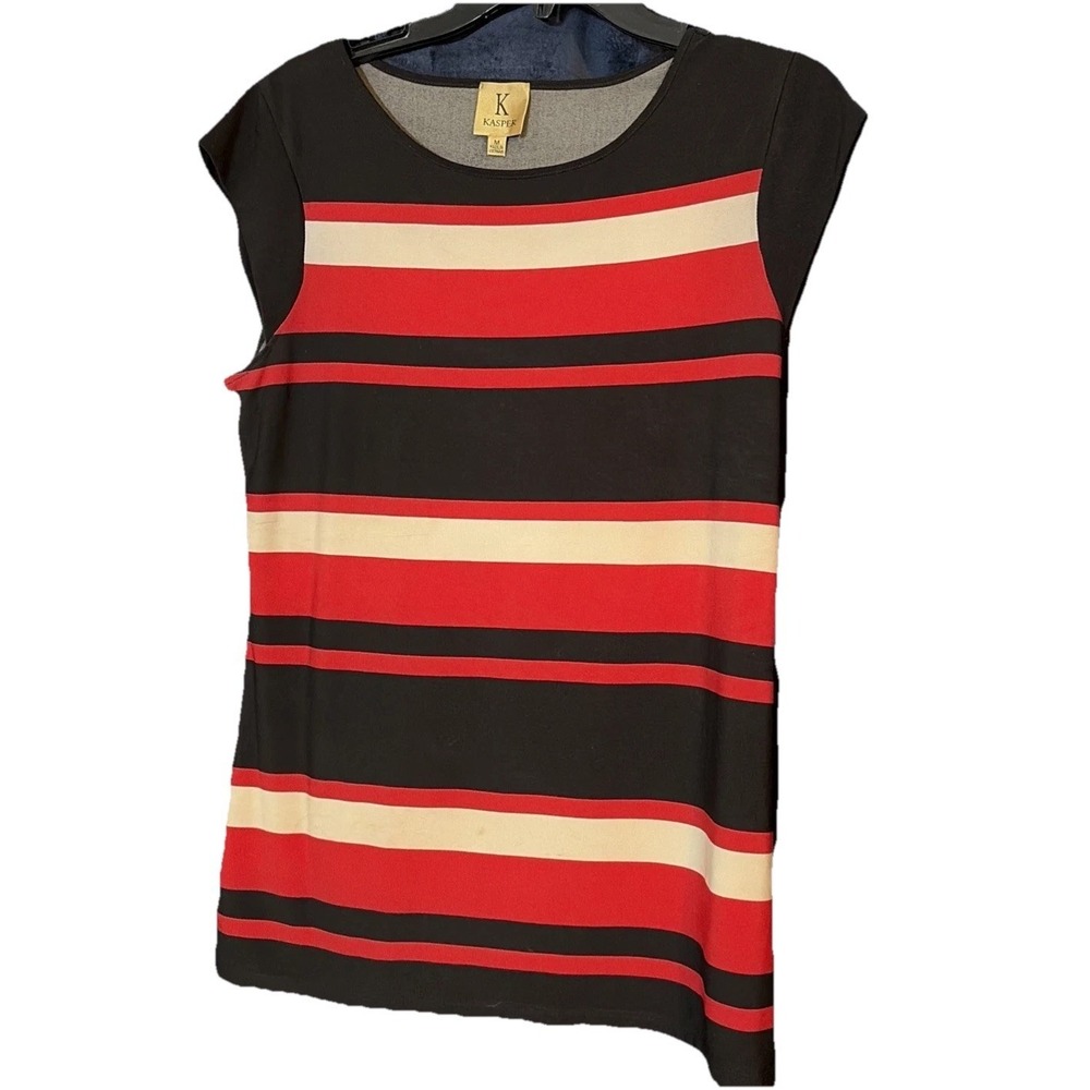 Kasper Blouse Sz M Female Black/red/khaki Strips Professional Capped Sleeves